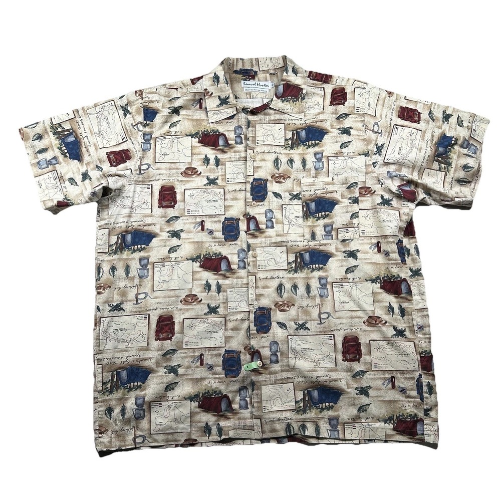 Vintage Samuel Hunter Shirt Mens XL Hawaiian Camp Aloha Tiki USA Travel AOP